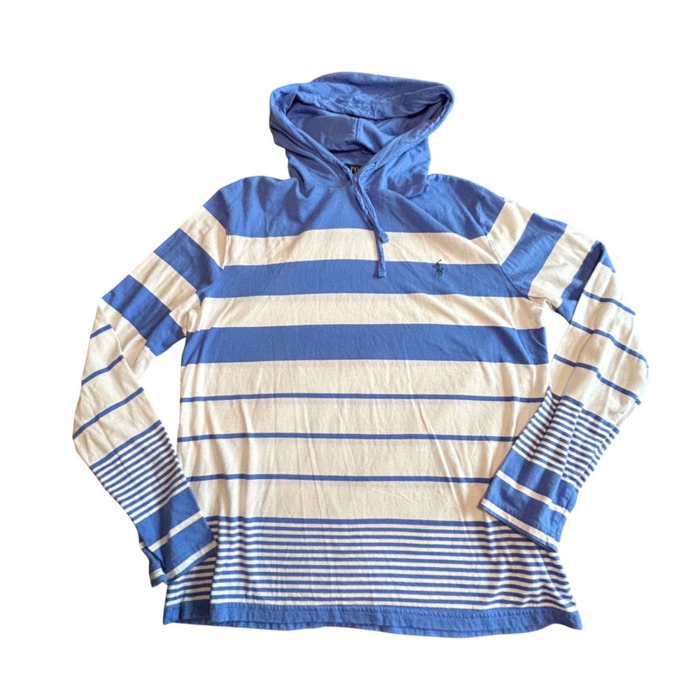 Polo Ralph Lauren Mens Blue White Striped Hooded T-Shirt Hoodie M 710741464003